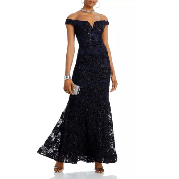 AQUA Off-the-Shoulder Embellished Lace Gown - Picture 1 of 9
